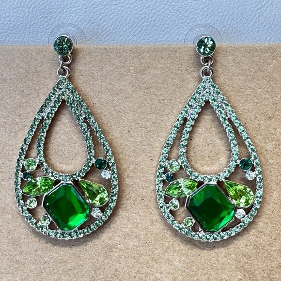 Roberta Chiarella‎ Earrings Teardrop Green Stones Signed Silver Tone Statement - Picture 1 of 10